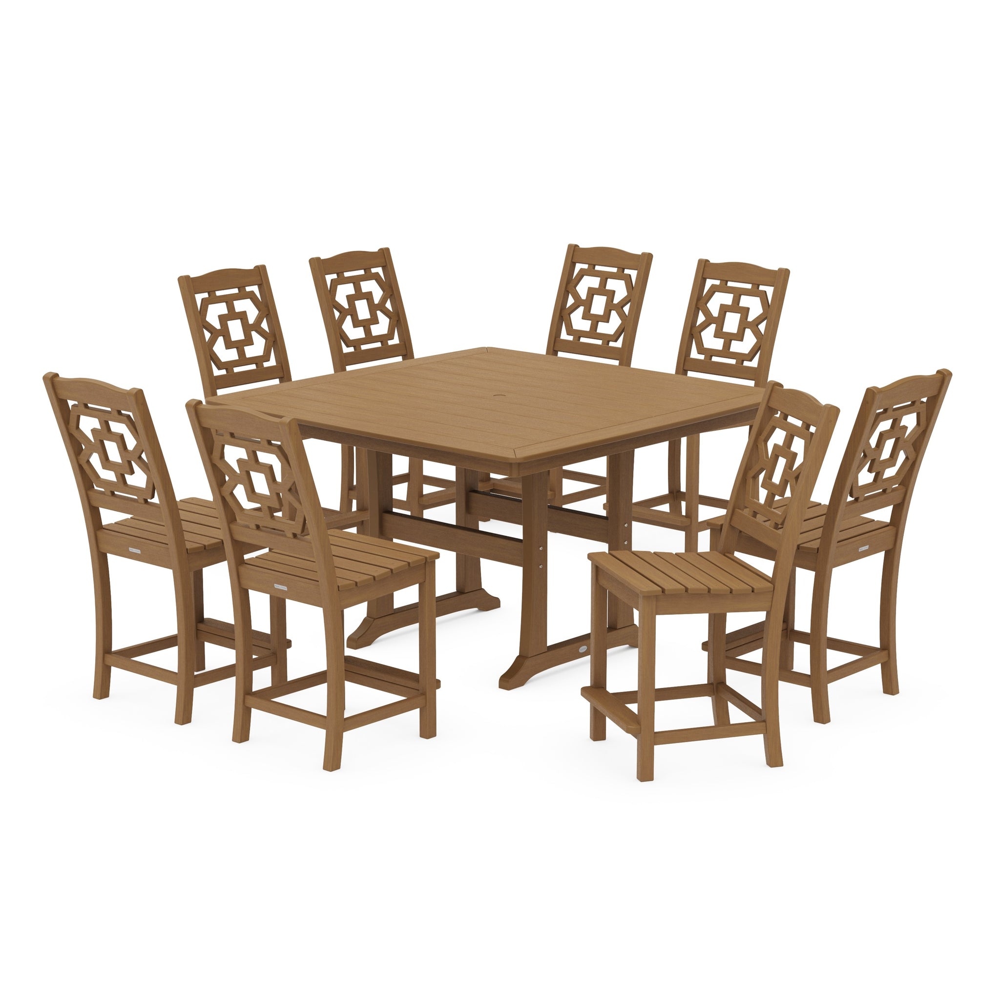 Chinoiserie 9-Piece Square Side Chair Counter Set with Trestle Legs